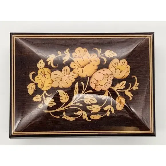 Romance Italian Music Box Inlaid Floral Lacquered Jewelry Trinket